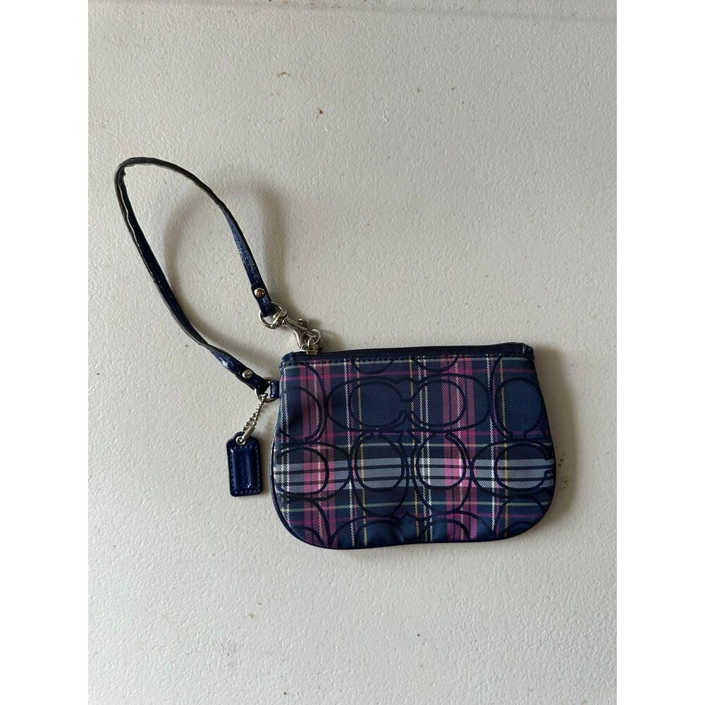 Coach Tartan Plaid Shimmer Signature Monogram Patent Leather Strap Wristlet